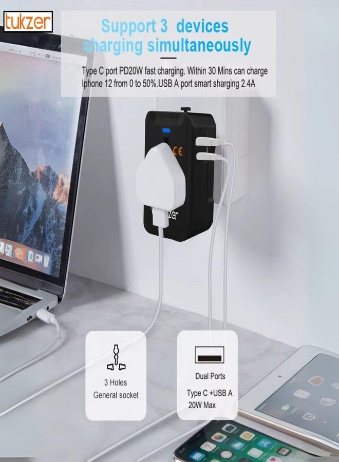 توكزر محول سفر عالمي من توكزر مزود بمنفذ إخراج USB-A بقوة 18 واط ومنفذ USB-C PD بقوة 20 واط، ومقبس عالمي، محول شحن سريع دولي متكامل لشحن أجهزة الكمبيوتر المحمولة/ماك بوك والهواتف المحمولة - أسود - Image 3